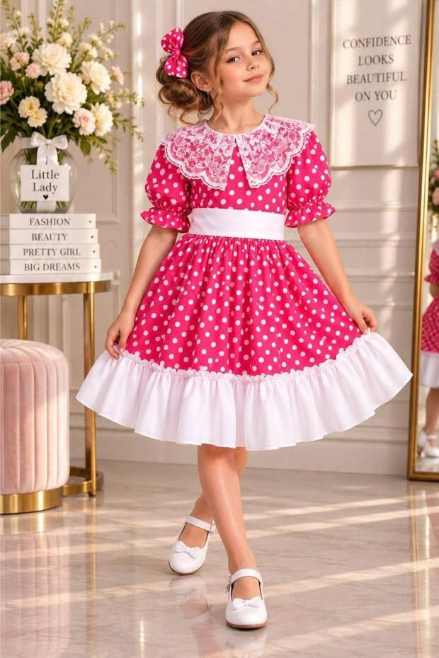 Girl's Polka Dot Lace Detailed Ruffled Pink Dress