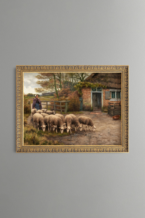 Sheep in Front of a Country House - Vintage Patterned Painting - Fine Model