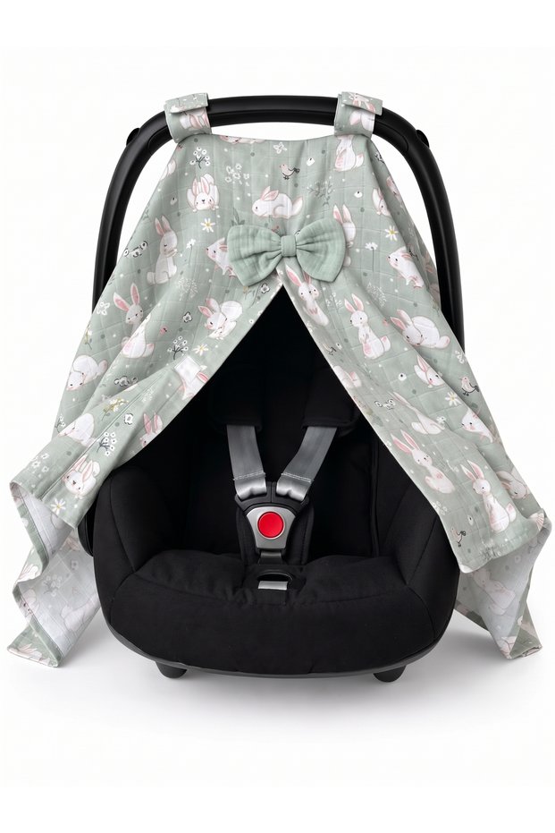 100% Cotton Muslin Stroller Cover - Mint Bunny (Oeko-Tex Certified)