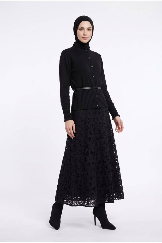 Trendy Buttoned Belted Crew Neck Cold Yarn Full Fit Basic Cardigan
