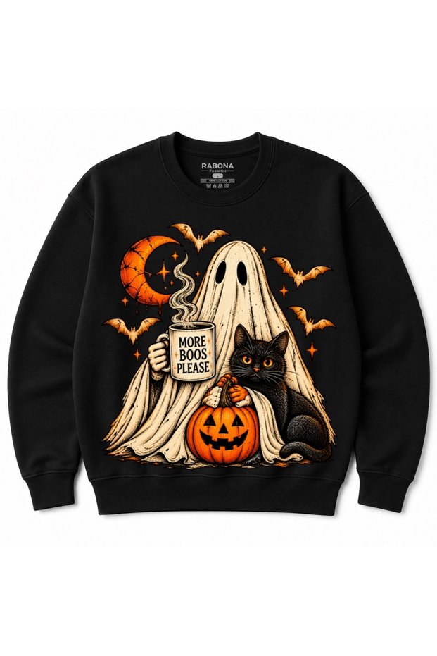 A Little More Ghost Please – Black Cat Ghost and Pumpkin Printed Halloween Sweatshirt