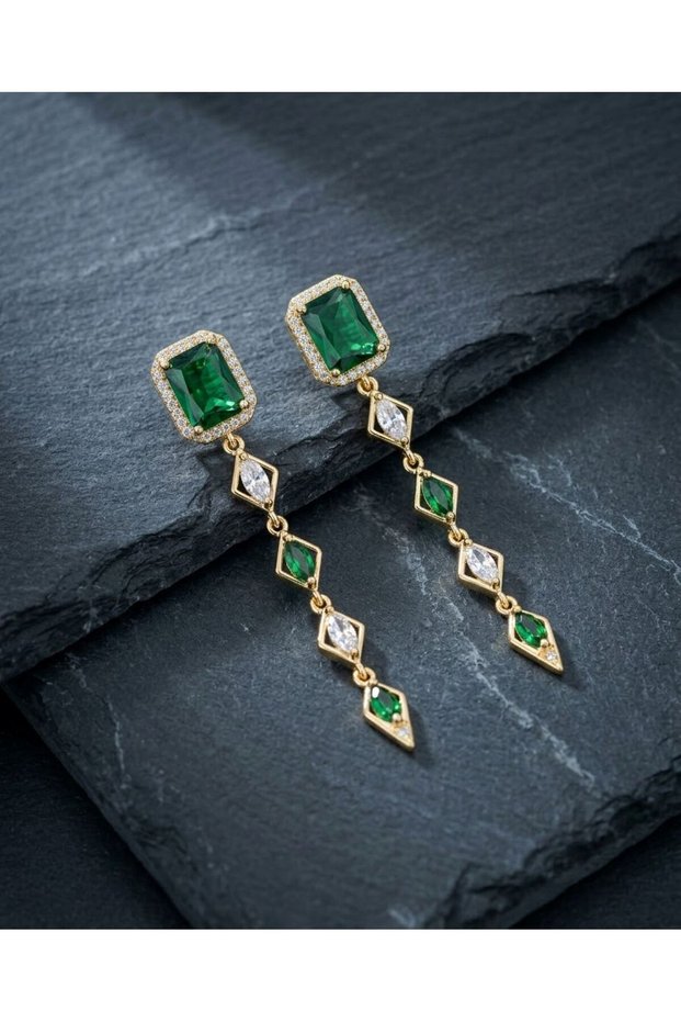Xuping Dangle Earrings with Green Baguette Stone Detail