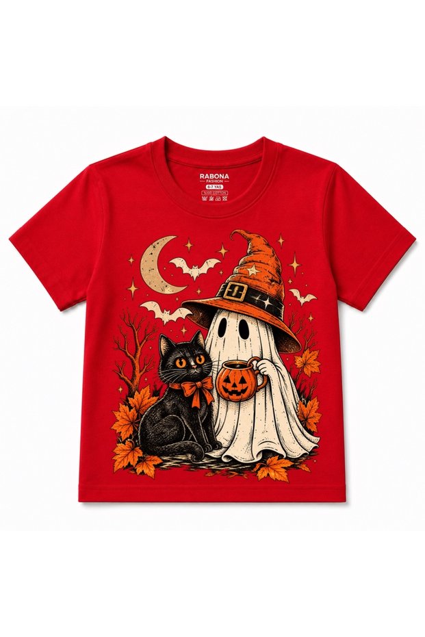 Boo & Brew – Ghost and Black Cat Halloween Printed Cotton Kids T-Shirt