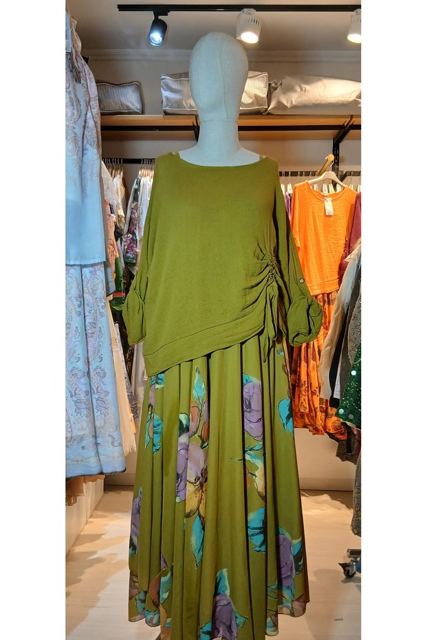 Women's Watercolor Floral Print Thin Strap Maxi Dress and Side Gathered Knit Top Two-Piece Set