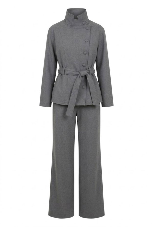 Polyviscon Belted Jacket Suit-Grey Grey
