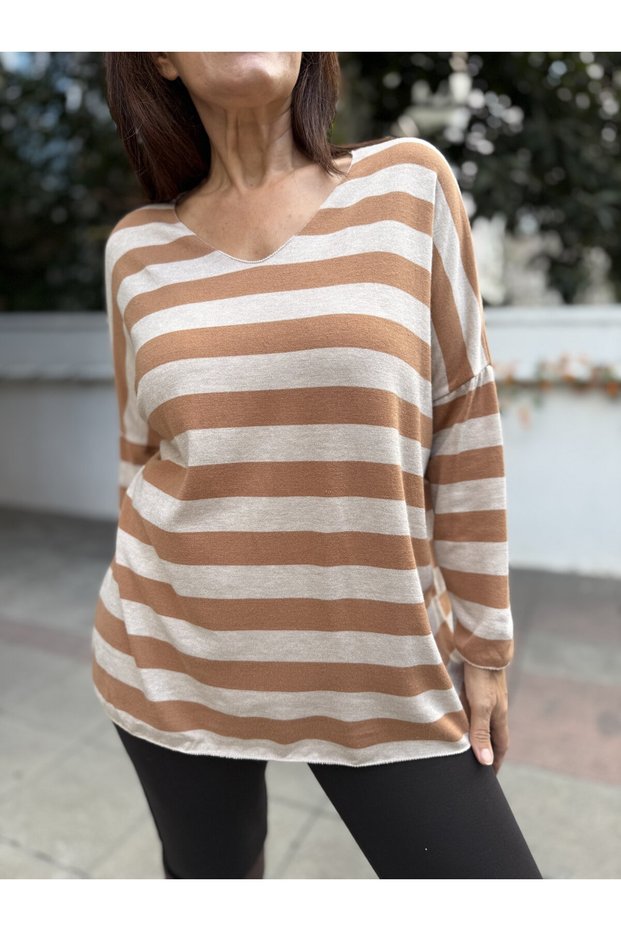 Italian Wool Angora Striped Knitwear Milk Coffee Color