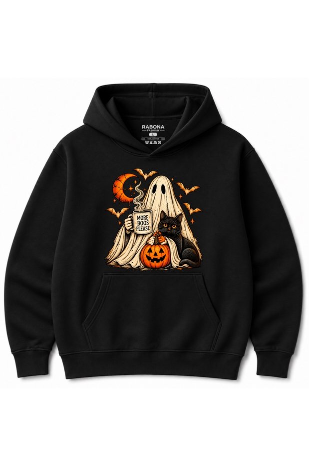 Just a Little More Ghost Please – Black Cat, Ghost, and Pumpkin Halloween Hoodie