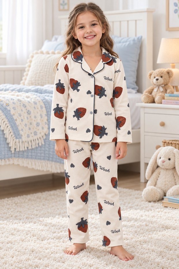 Girl's Pajama Set, 100% Cotton, 30/1 Combed Single Jersey, Buttoned Front, Long Sleeves, Ecru & Anthracite Piping