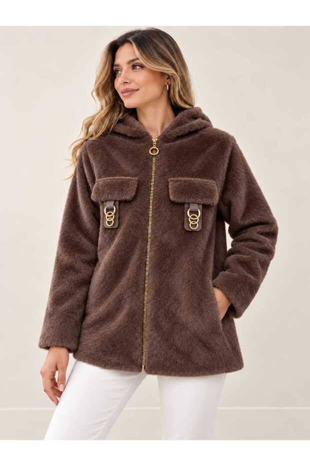 Soft Textured Hooded Jacket with Accessory Detail and Pockets