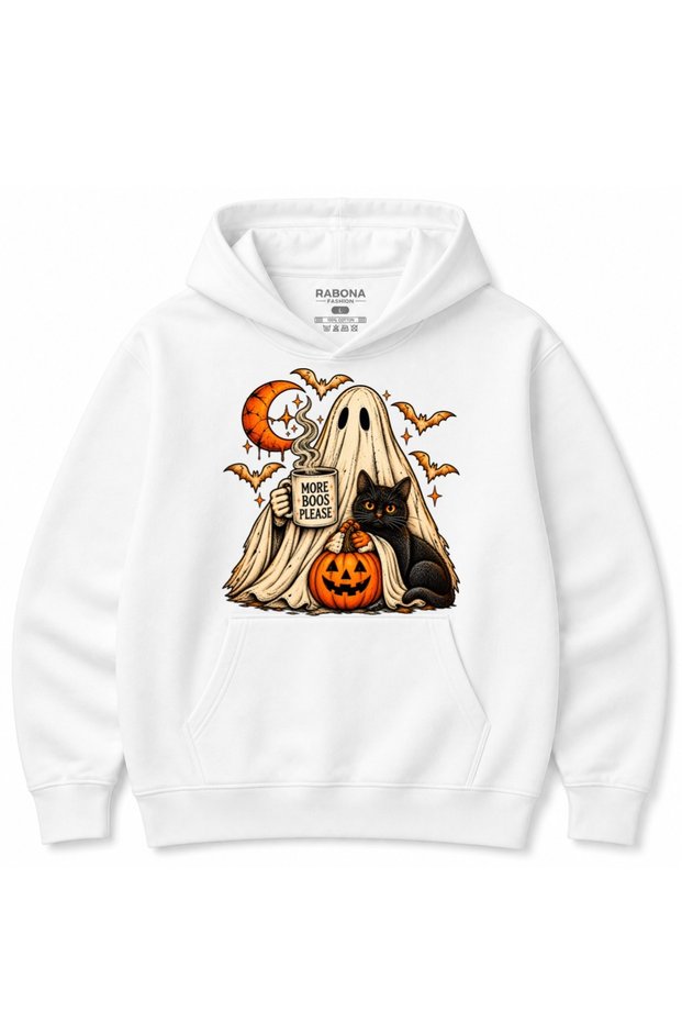Just a Little More Ghost Please – Black Cat, Ghost, and Pumpkin Halloween Hoodie