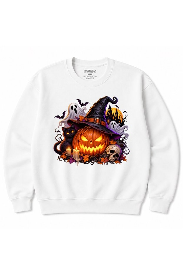 Haunted Pumpkin Night – Vintage Halloween Black Cat, Ghost & Witch Hat Graphic Sweatshirt