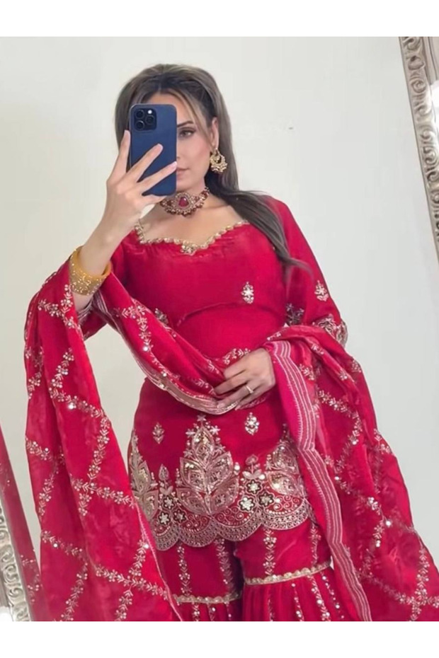Rose Pink Embroidered Sharara Suit Set - HRT101971-RosePink-Size-M-38-Inches