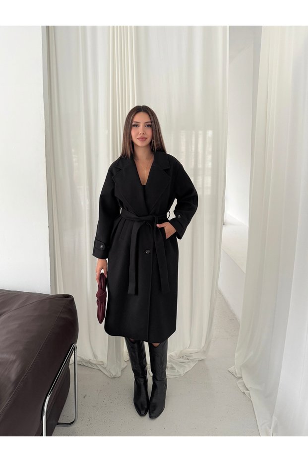 Women's Double-Breasted Collar Belted Waist Tie Buttoned Oversize Winter Long Cashmere Coat