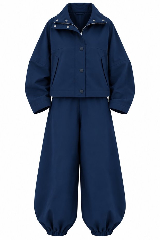 Navy Blue Elastic Cuffed Pants Shirt Set - 909466