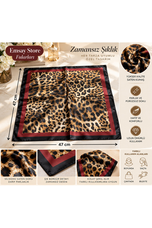 Timeless Elegance, Leopard Patterned Satin Scarf 47X47 cm – Stylish Women's Scarf with Black Edge Detail