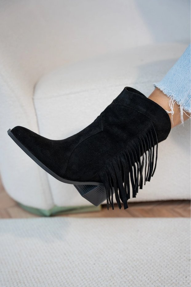 Peug Black Suede Tassel Detailed Thick Heeled Western Women's Boots