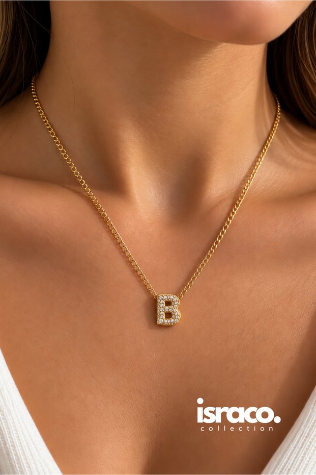 B Letter Zircon Stone Minimal Letter Necklace Steel