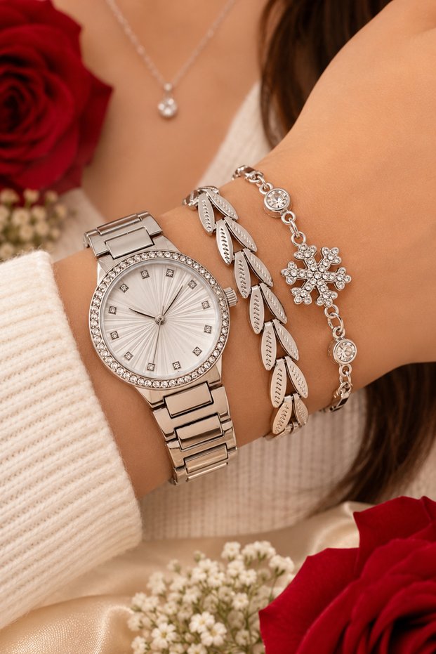 Women's Silver Color Stone Wristwatch and Snowflake Detailed 2-Piece Bracelet Set