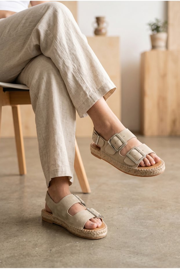 Women's Suede Double Buckle Straw Platform Sole Casual Sandals