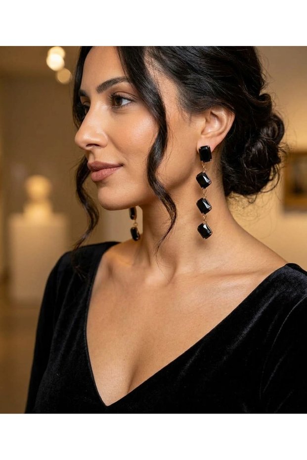 Black Baguette Stone Gold Plated Earrings