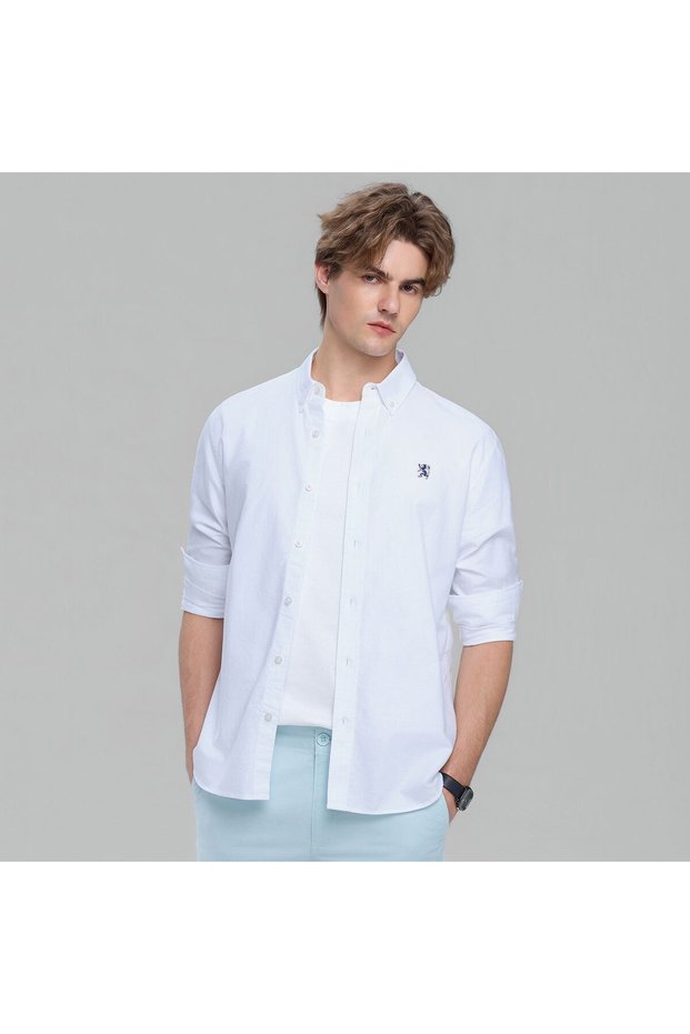 Men Slim Cotton Embroidered Oxford Shirt