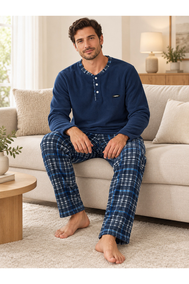 Men's Plaid Detailed Buttoned Long Sleeve Fleece Pajama Set