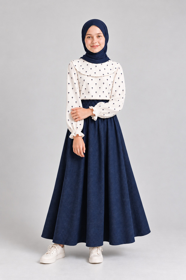 Girl's Muslin Skirt-Cotton Poplin Shirt Set