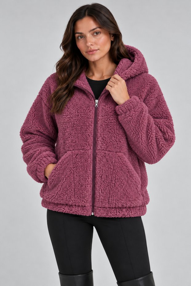 Women's Plum Color, Oversized Hooded Plush Coat – Zippered, Pocketed, Soft Textured Teddy Fur Look Winter Coat