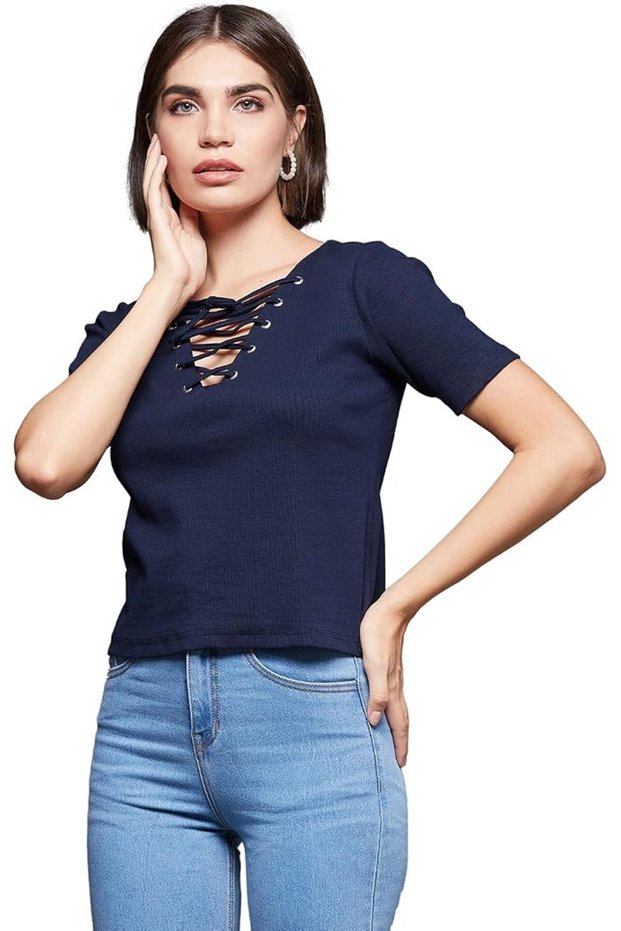 Women's V-Neck Short Sleeve Solid Basic Regular Top (MOAW17TP08)