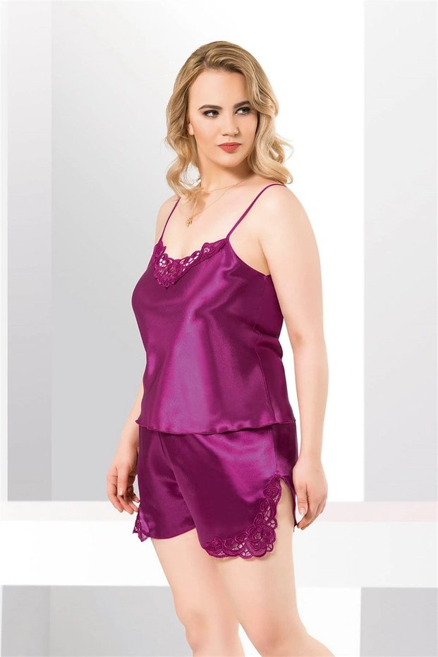 Stylish Design Soft Textured Plus Size Lace Embroidered Purple Satin Babydoll Shorts Set