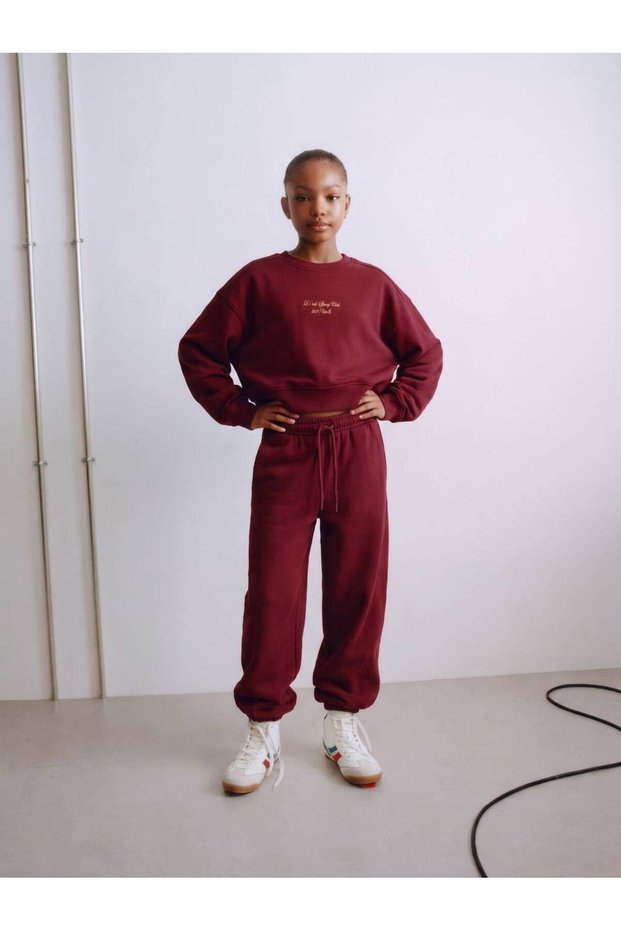 Girl's Burgundy Embroidered Crop Sweatshirt and Wide-Leg Sweatpants Two-Piece Set