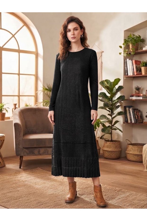 Women's Round Neck Casual 100% Cotton Knitwear Dress with Vintage Detail