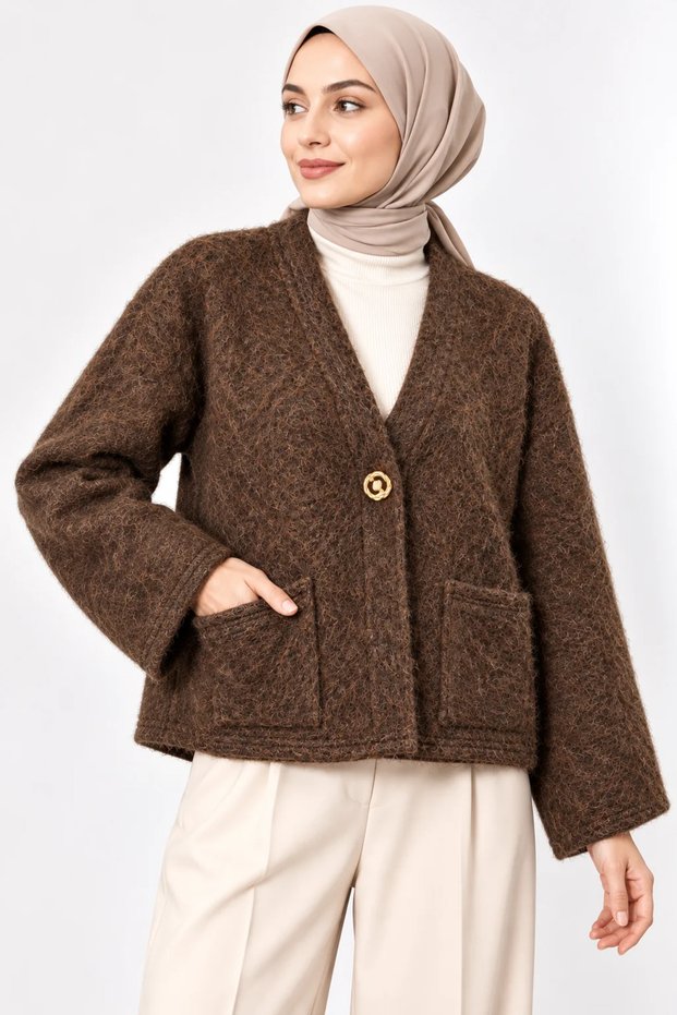 Single Button Bearded Fabric Short Jacket