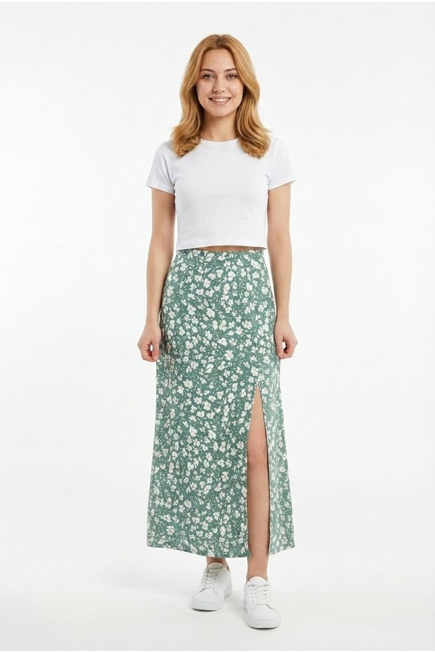Women's Floral Patterned Slit Detailed Elastic Waist Flexible Fabric Summer Stylish Model Skirt