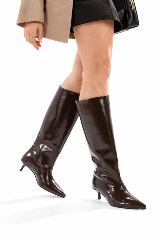 Black Wrinkled Patent Leather Pointed Toe Boots 5 cm Thin Heel New Season