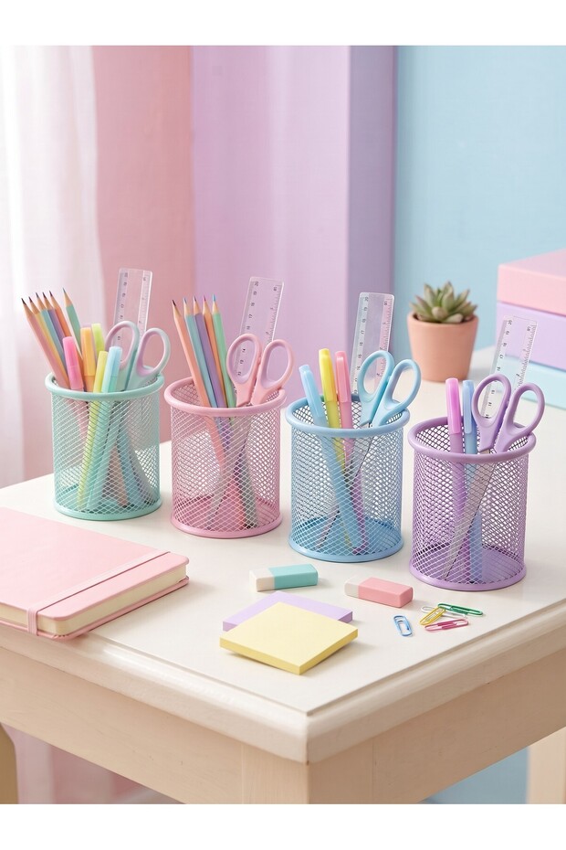 Metal Mesh Round Pen Holder Pastel Set of 4 Mint Pink Blue Lilac