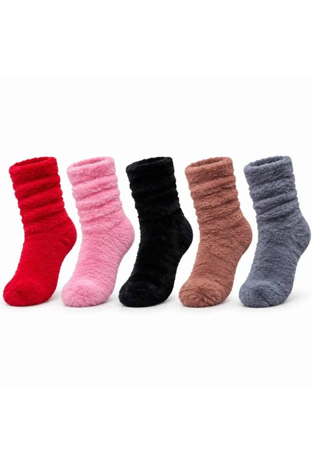 Women's 5-Piece Plush Home Sock Set | Soft Fuzzy Winter Socks Red Pink Black Coffee &