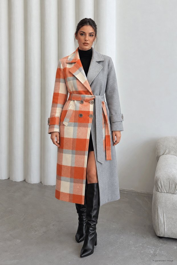 Orange Double Color Detailed Premium Cashmere Coat