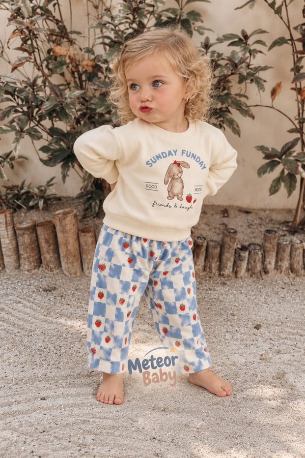 Baby Girl Set with Rabbit Print and Strawberry Pattern Pants, 2-Piece Seasonal Set for 6 9 12 18 24 Months