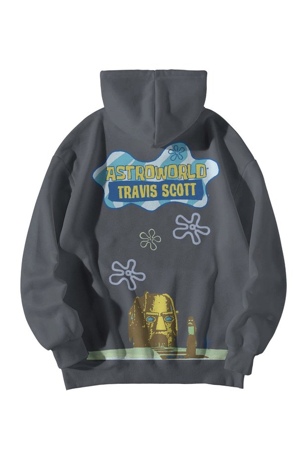 Women's Men's Anthracite Astroworld Travis Scott Printed Oversize Hoodie with Kangaroo Pocket