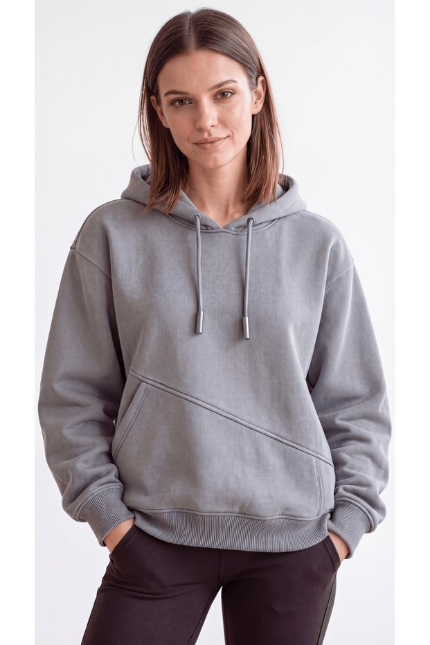 Women's Gray Hooded Sweatshirt with 3 Yarn Side Pockets, Soft Puff Fabric