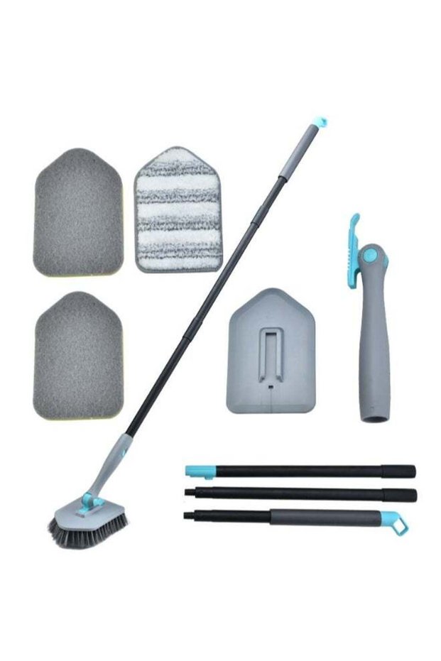 Floor Scrub Brush, 3-In-1 Tile Tub Floor Scrubber with Adjustable Long Handle Shower Cleaner Brush and 3 Detachable Replacement Brush Heads for Cleaning Bathroom Kitchen Walls Tub Tile