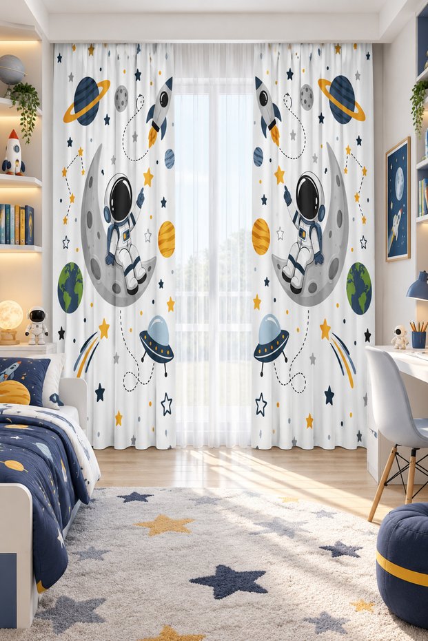 Astronaut Rocket and Planet Double Winged Background Curtain