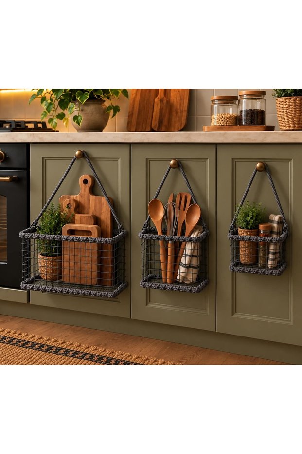 Metal Wire Mesh Anthracite Gray Jute Rope 3-Piece Organizer Basket Can Be Hung