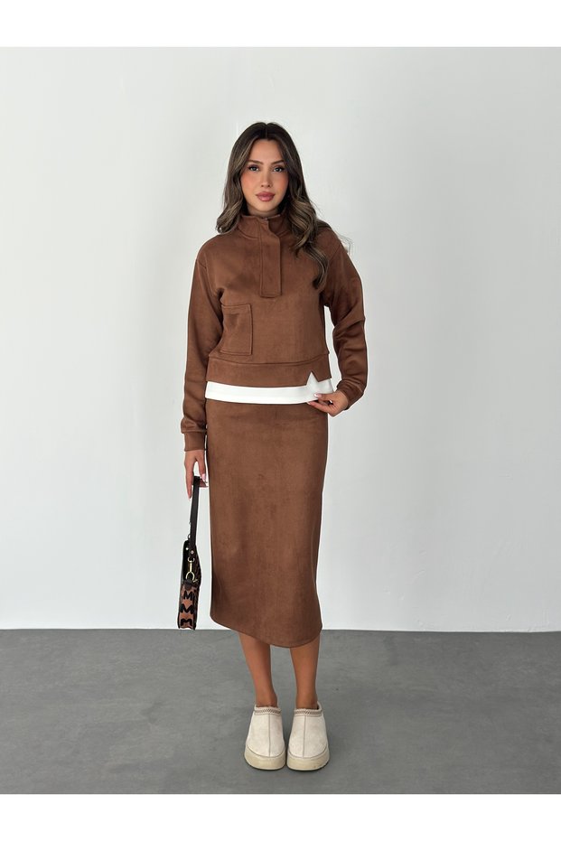 Suede Stand Collar Half-Zip Skirt Suit