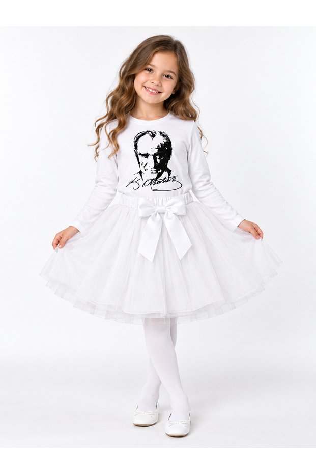 Girl's Ataturk Printed Long Sleeve T-Shirt with Bow, White Tutu Skirt Set and Socks