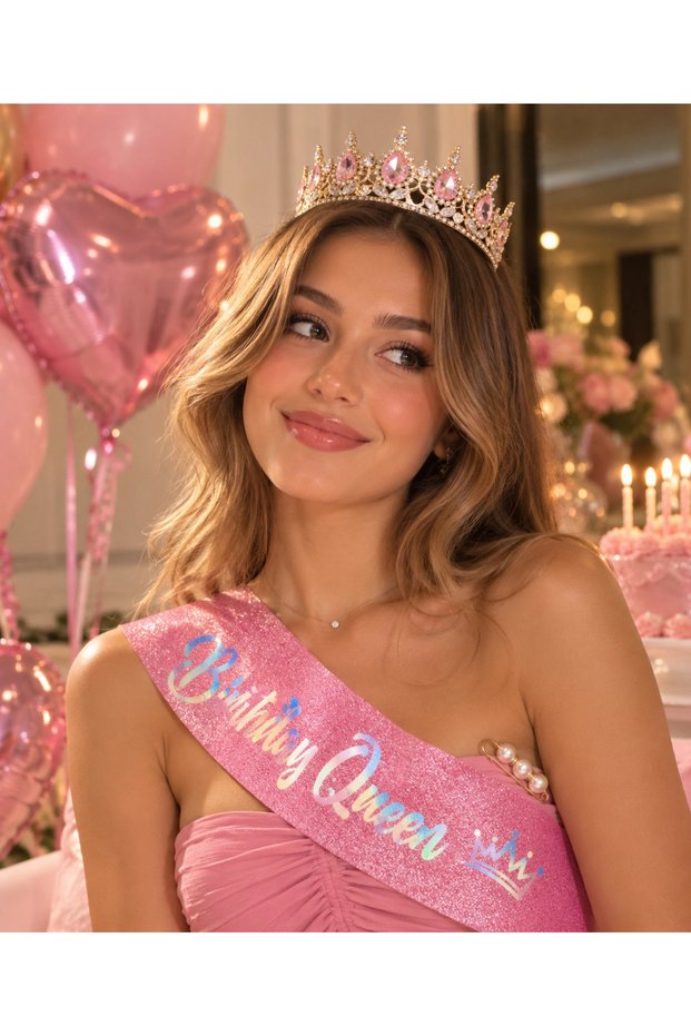 Birthday Queen Birthday Set 3 Pieces – Gold Color Pink Stone Queen Crown, Pink Glitter Sash and Sash