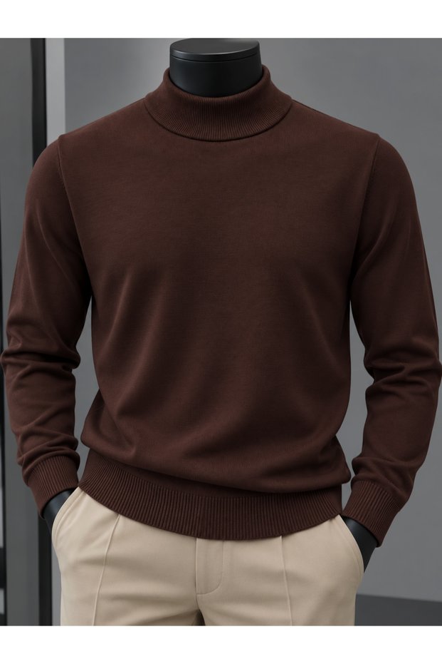 Men's Slim Fit Soft Textured Non-Pilling Brown Half Turtleneck Knitwear Sweater