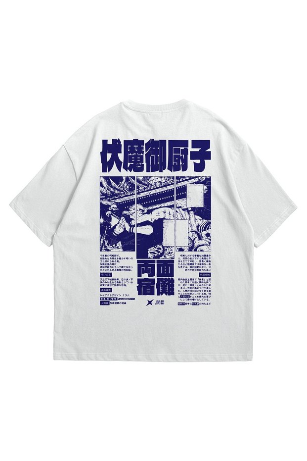 Unisex White Oversize T-Shirt - Jujutsu Kaisen Sukuna Anime Printed Combed Cotton Crew Neck T-Shirt