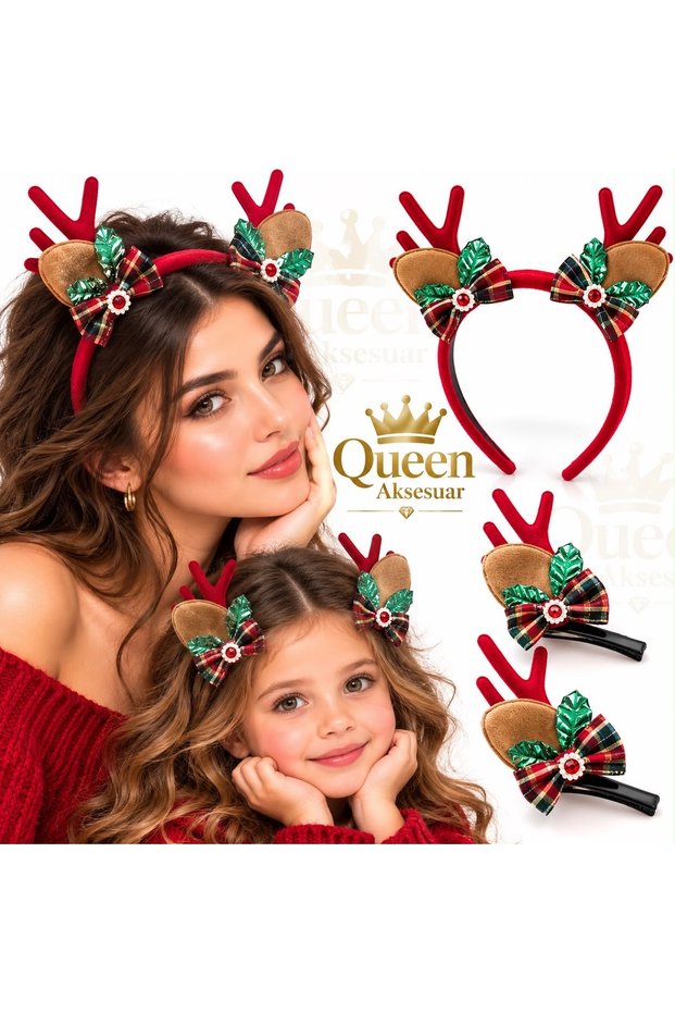 Luxurious Imported Design Christmas Deer Antler 3-Piece Crown Hairpin Buckle Set Christmas Crown with Plaid Bow and Stone Embellishments